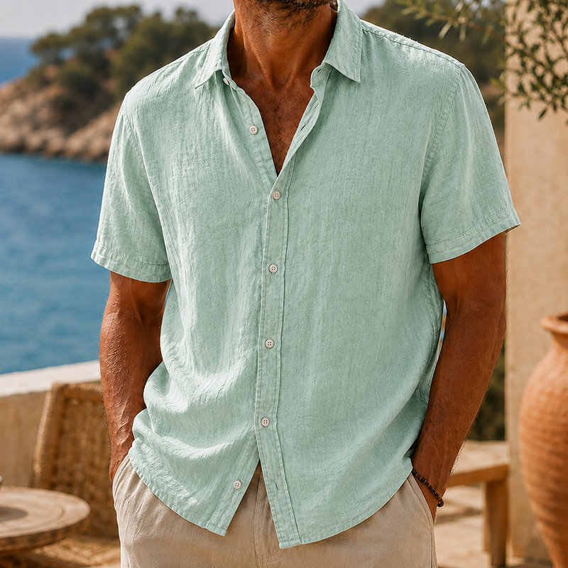 Camisa de modainestampado vintage Washed de algodón de lino de manga corta para hombre