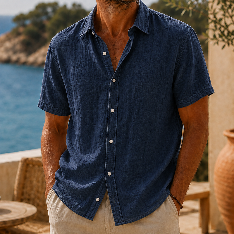 Camisa de modainestampado vintage Washed de algodón de lino de manga corta para hombre