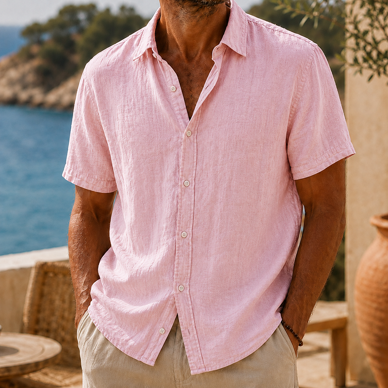 Camisa de modainestampado vintage Washed de algodón de lino de manga corta para hombre