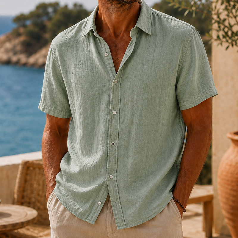 Camisa de modainestampado vintage Washed de algodón de lino de manga corta para hombre
