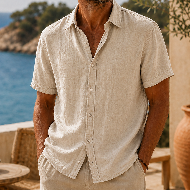 Camisa de modainestampado vintage Washed de algodón de lino de manga corta para hombre
