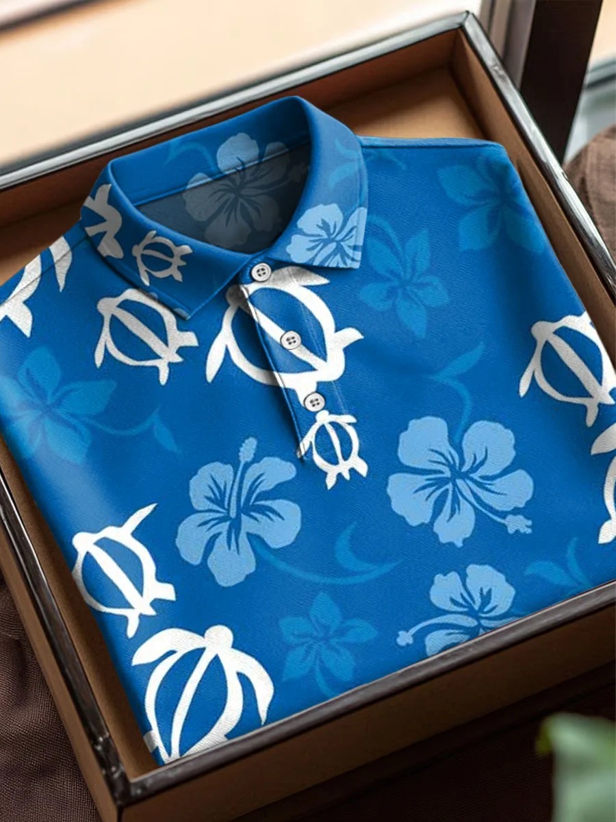 Vintage Abstract Turtle floral Art estampado casual de manga corta Polo