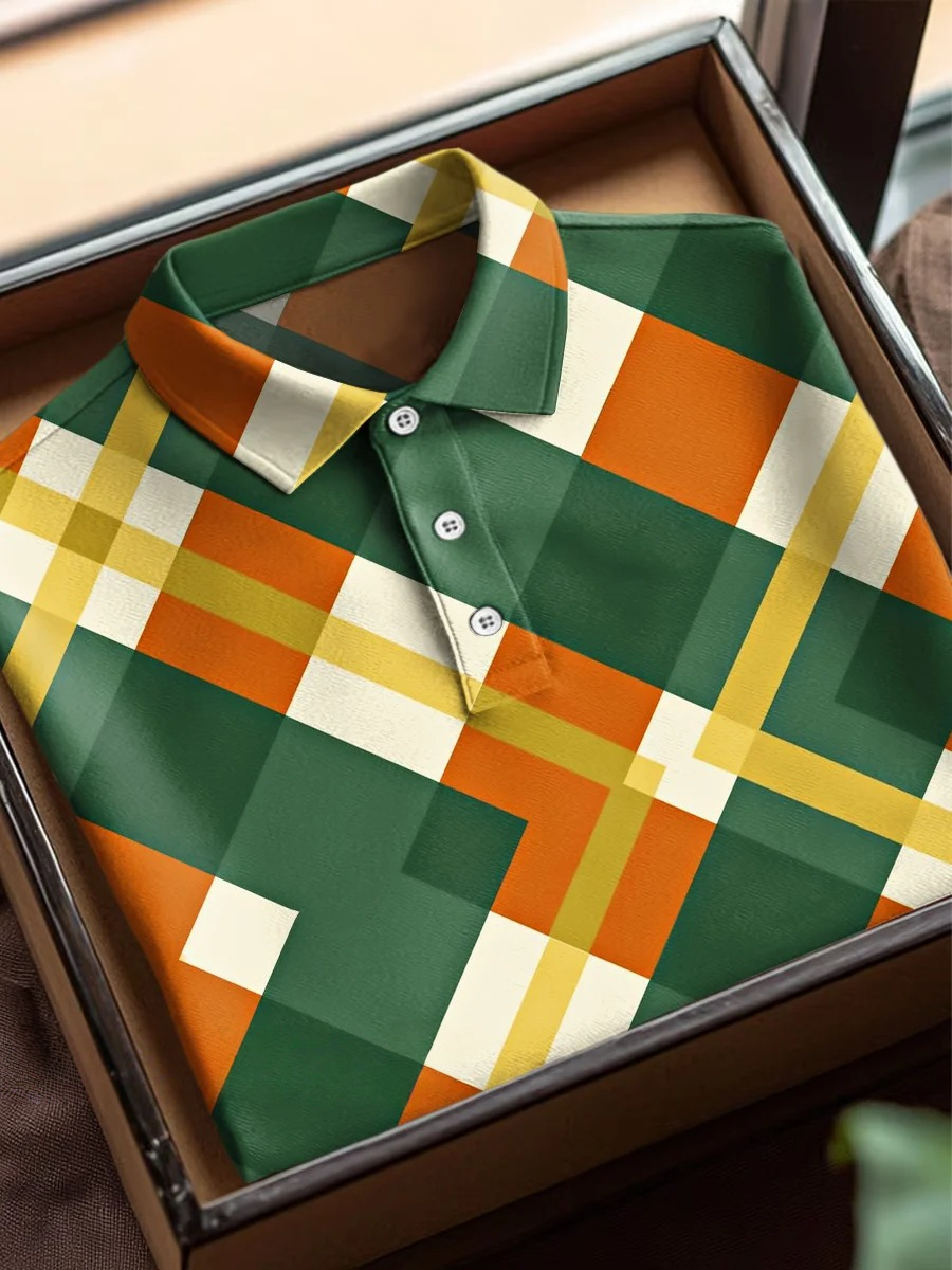 Colorful a cuadros Art estampado casual de manga corta Polo