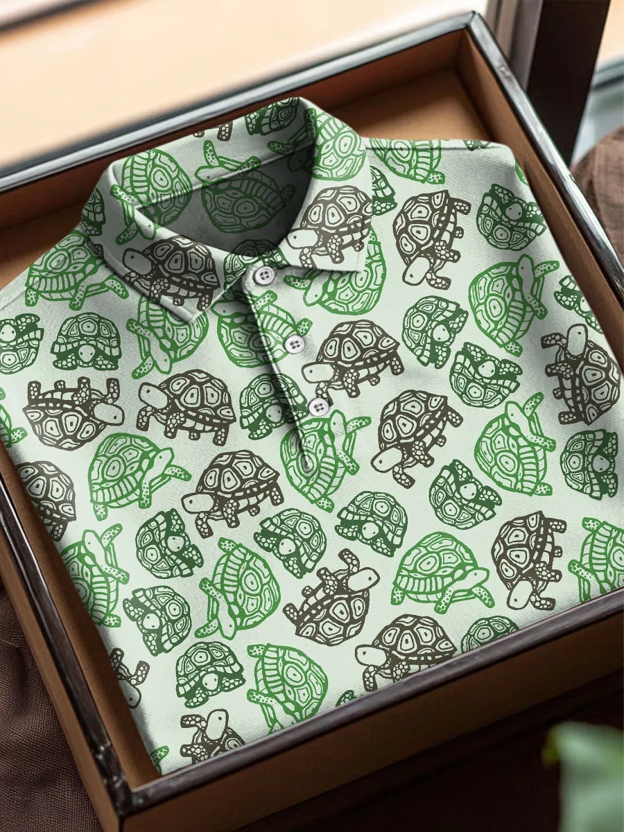 Vintage Turtle Art estampado casual de algodón de manga corta Polo