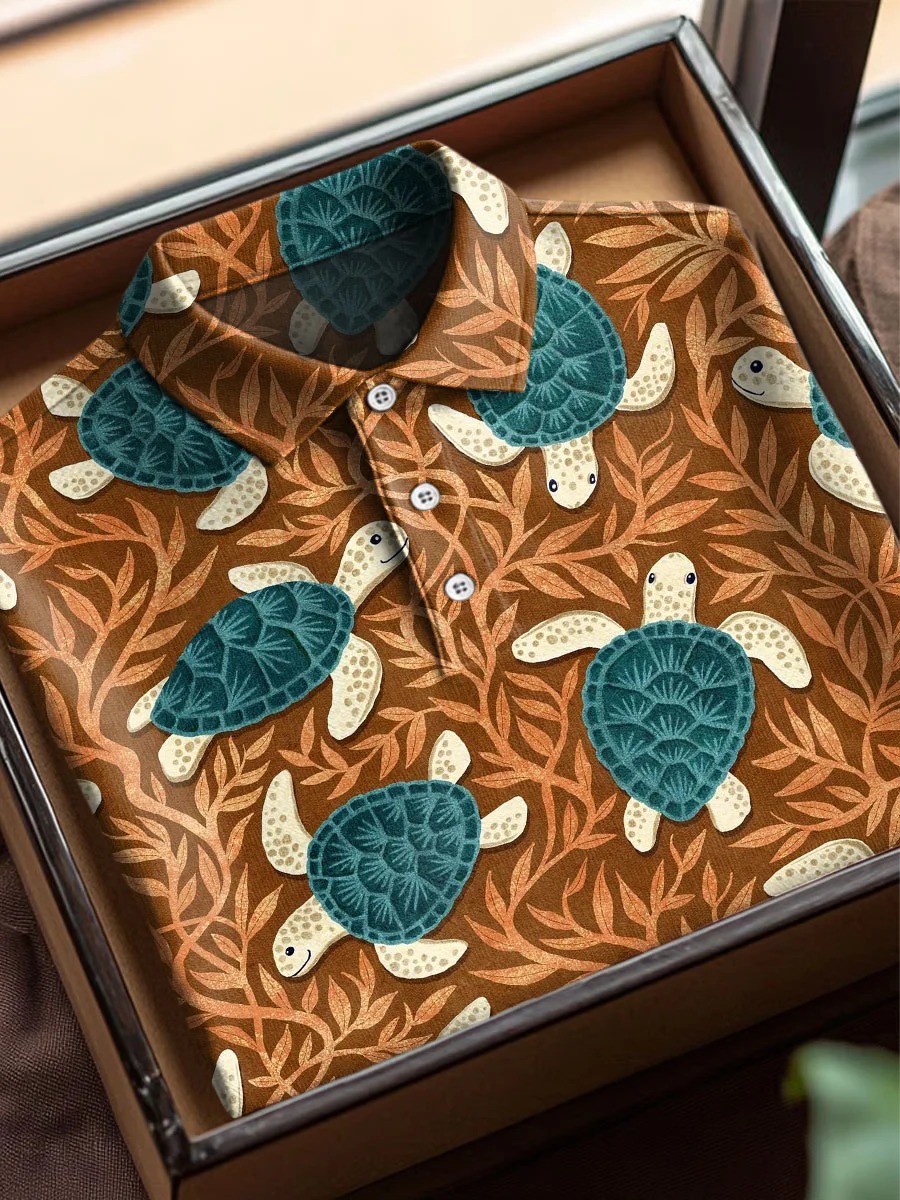 Vintage Turtle Art estampado casual de algodón de manga corta Polo
