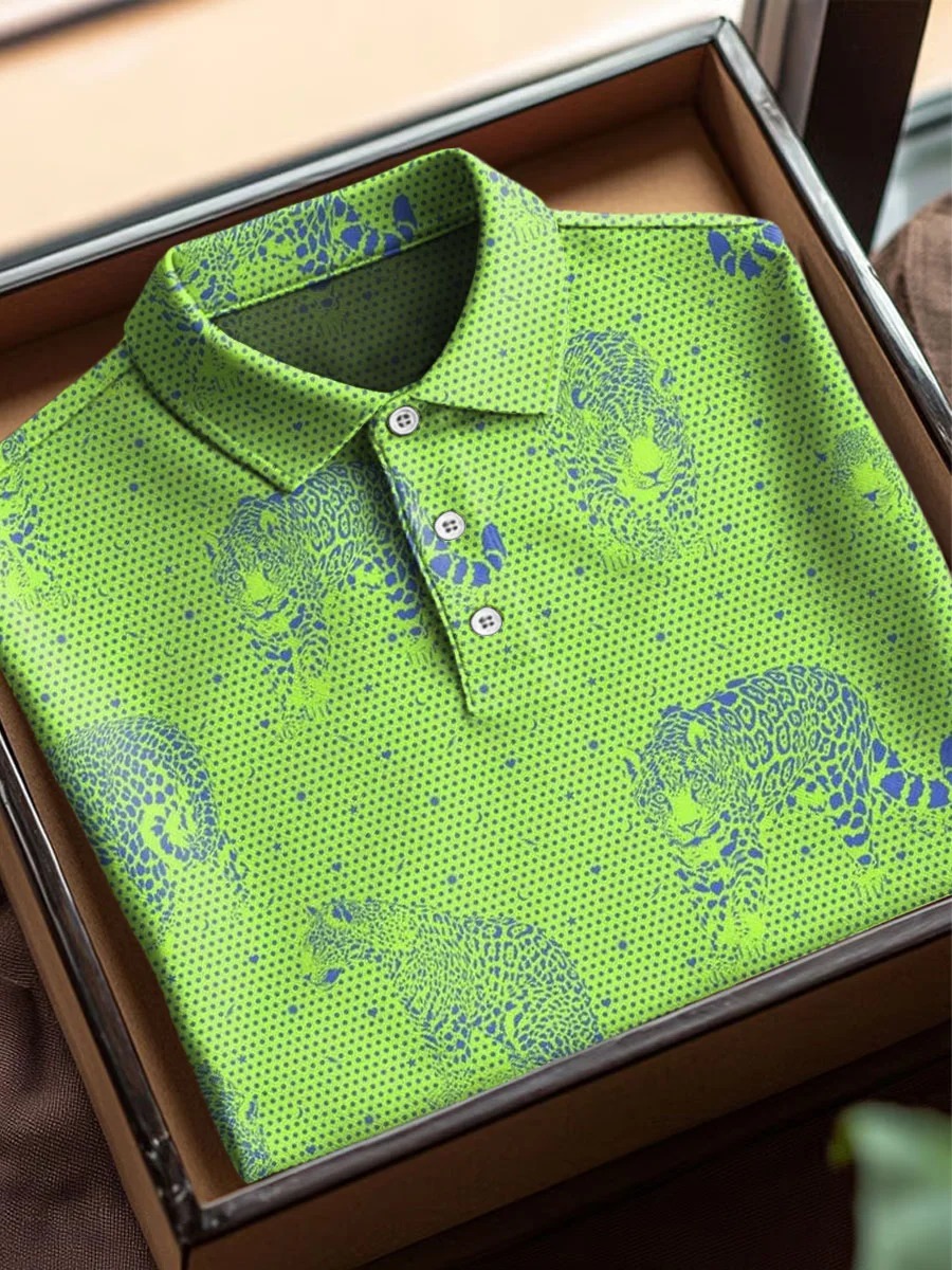 Vintage Jaguar Texture Art estampado casual de algodón de manga corta Polo