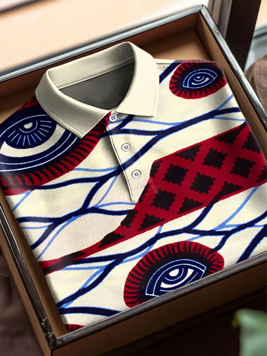 Vintage Abstract Eye Art estampado casual de algodón de manga corta Polo
