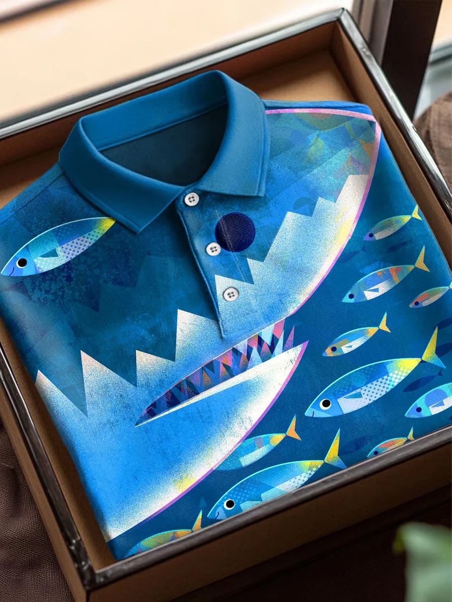 Colorful Marine Life Art estampado casual de algodón de manga corta Polo