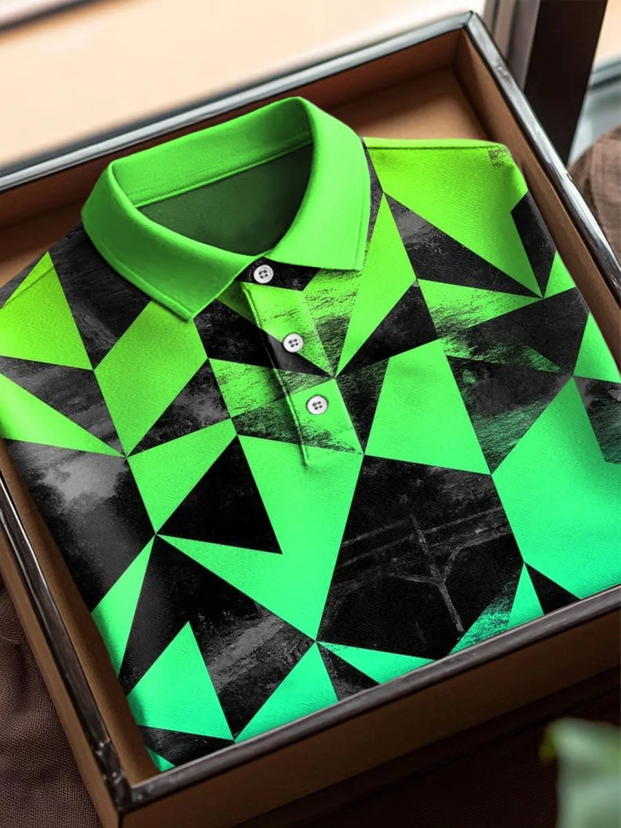 Degradado geométrico en bloques de color Art estampado casual de algodón de manga corta Polo