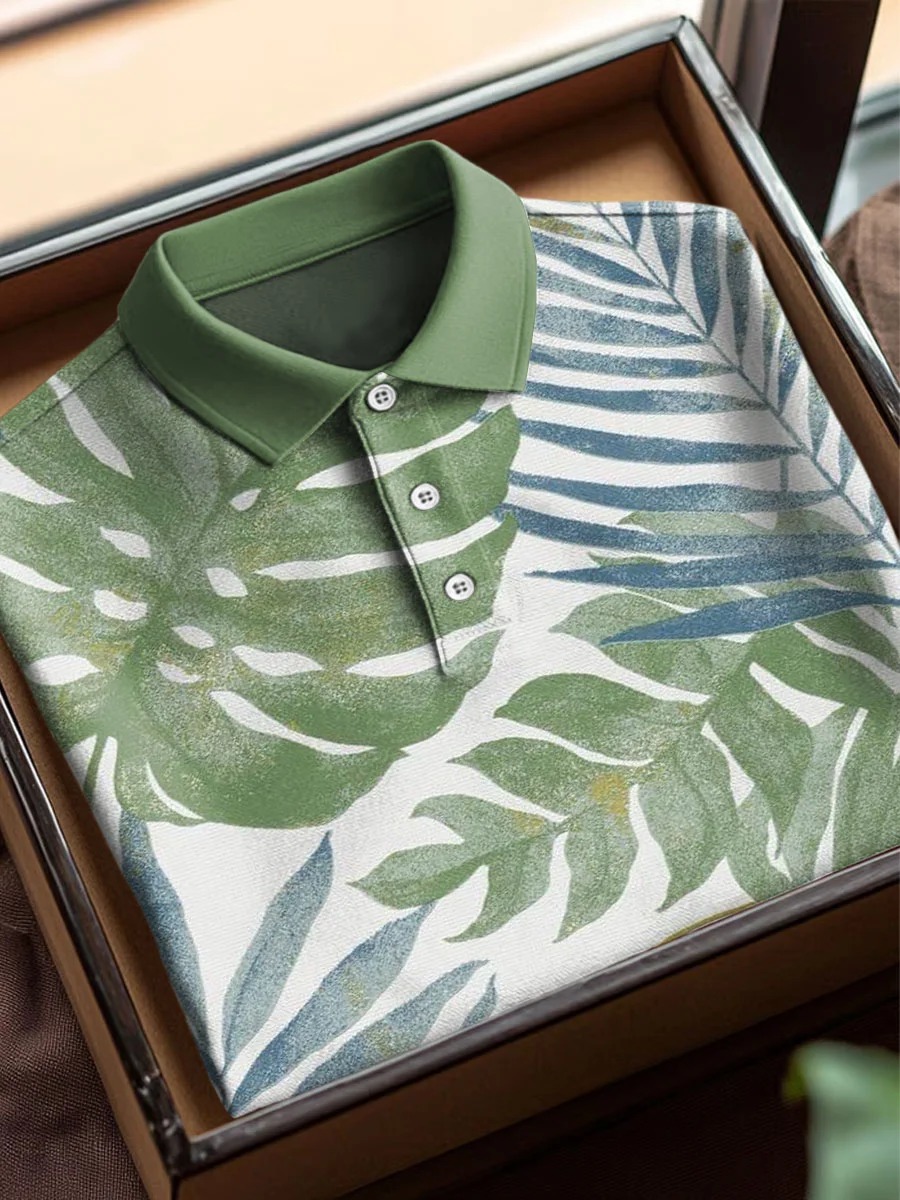 Vintage Abstract Plant Leaves Art estampado casual de algodón de manga corta Polo