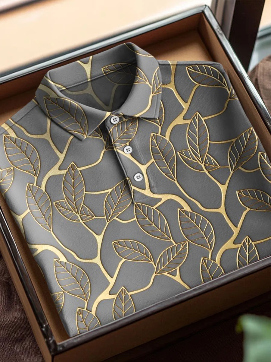 Vintage Abstract Plant Leaves Art estampado casual de algodón de manga corta Polo