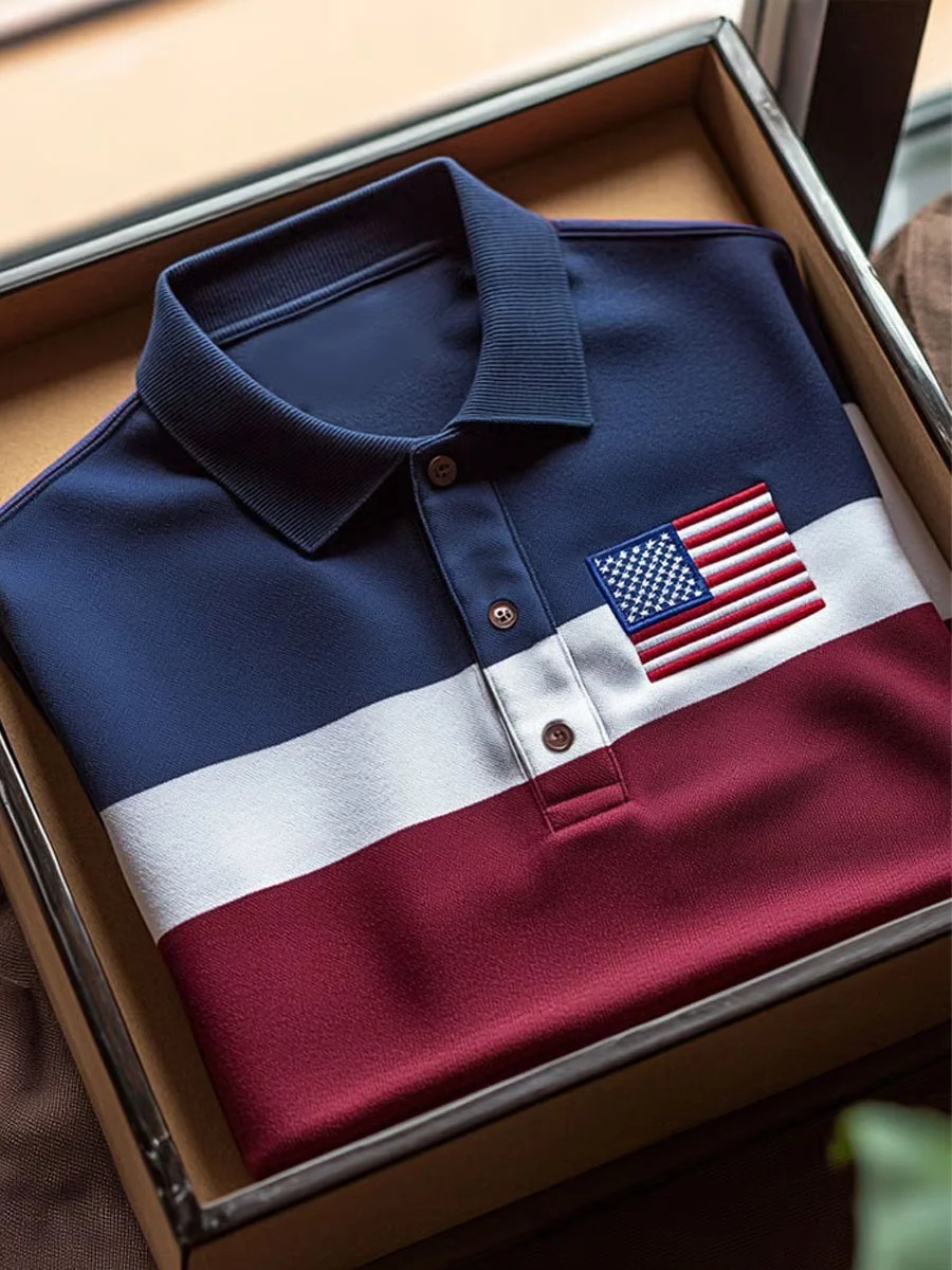 vintage Independence Day Flag Art Print casual de algodón de manga corta Polo