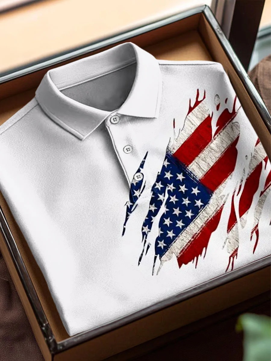 Vintage Independence Day Flag Art estampado casual de algodón de manga corta Polo