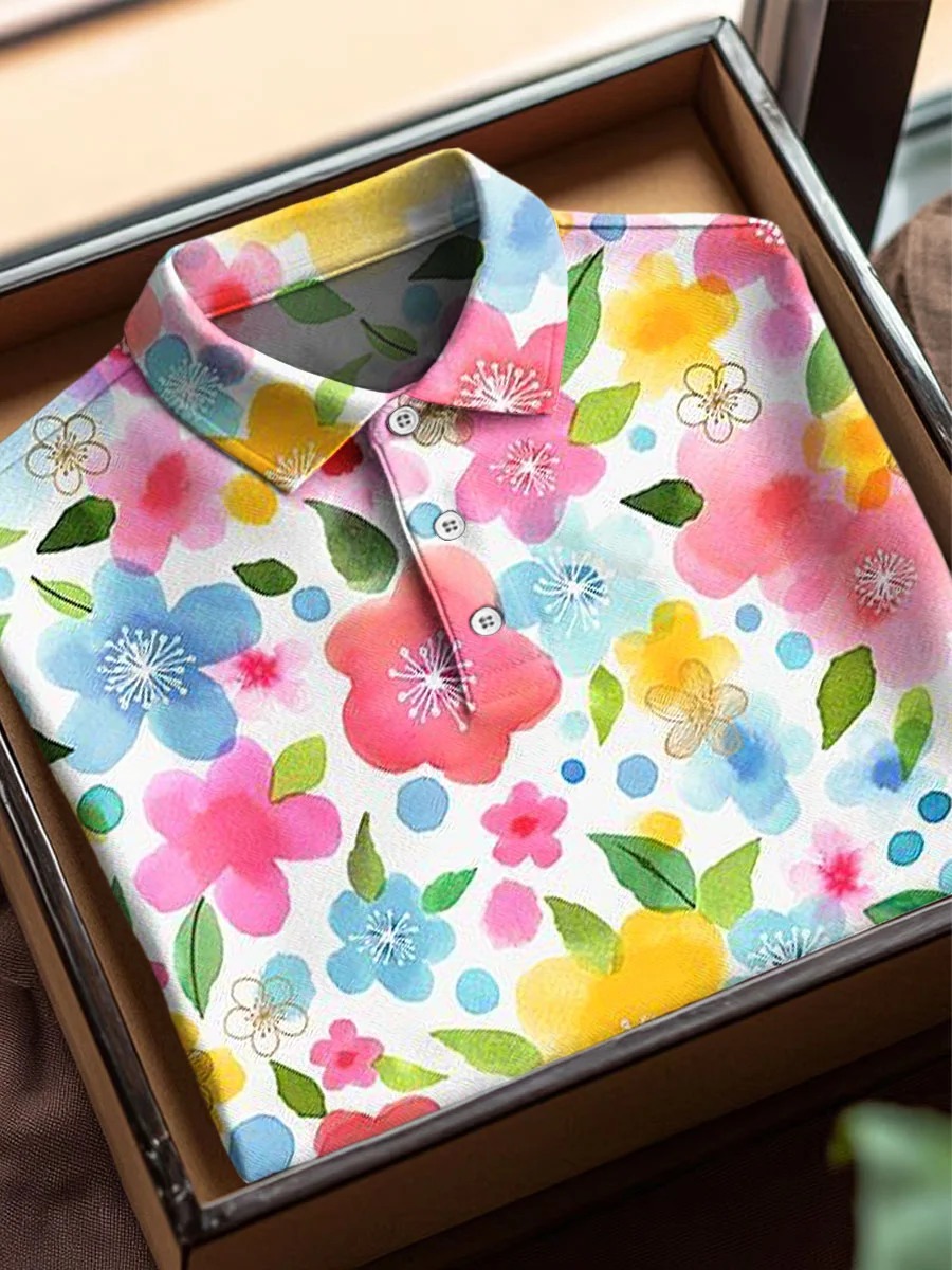 Vintage Abstract Flowers Art estampado casual de algodón de manga corta Polo