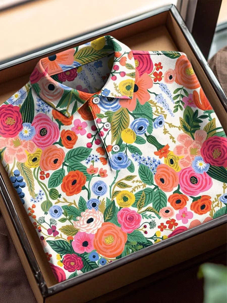 Vintage Abstract Flowers Art estampado casual de algodón de manga corta Polo