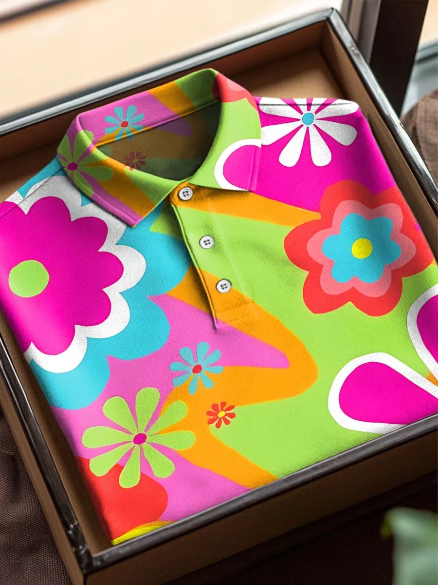 Vintage Abstract Flowers Art estampado casual de algodón de manga corta Polo