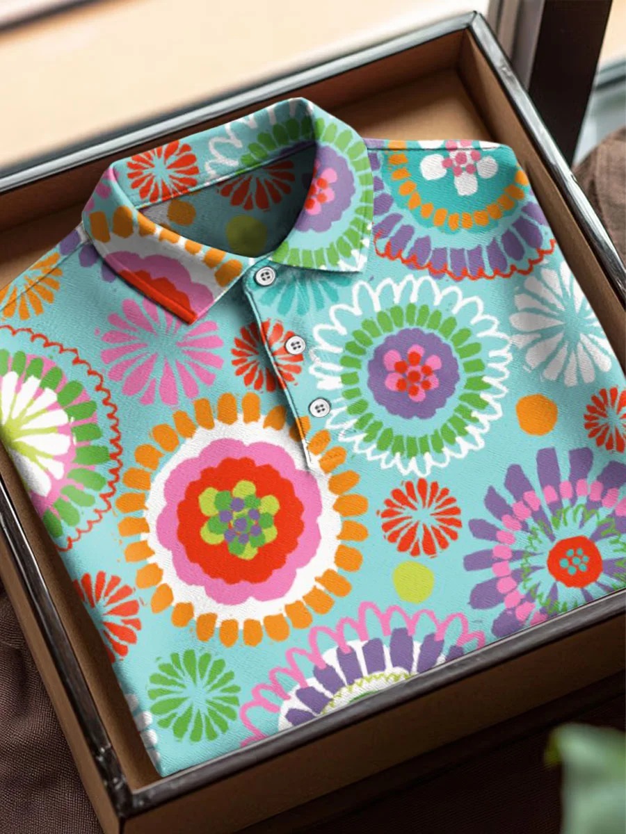 Vintage Abstract Flowers Art estampado casual de algodón de manga corta Polo