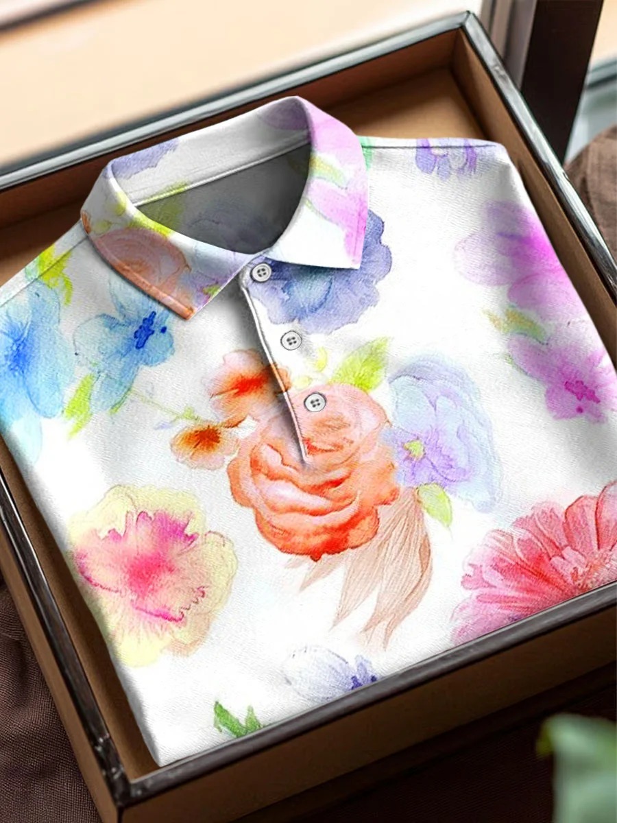 Vintage Abstract Flowers Art estampado casual de algodón de manga corta Polo