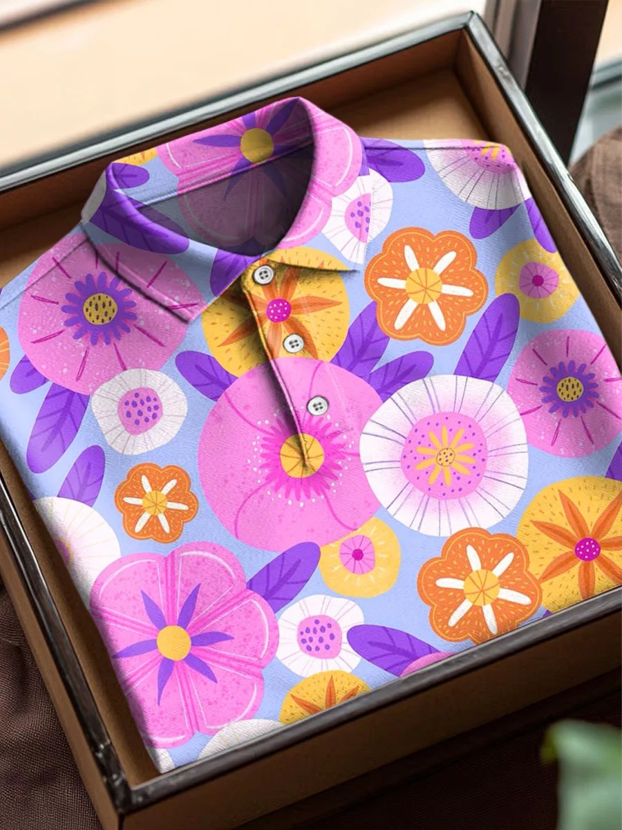 Vintage Abstract Flowers Art estampado casual de algodón de manga corta Polo