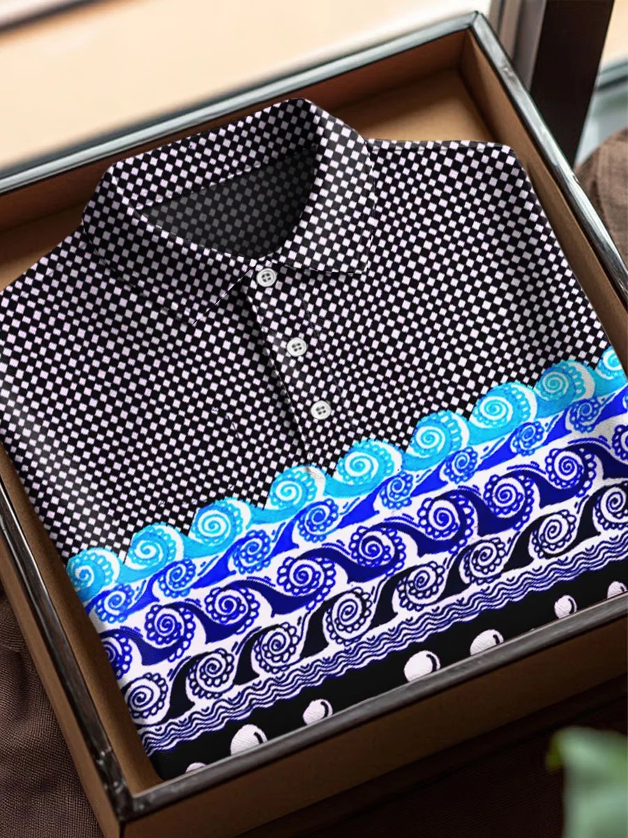 Colorful Abstract Lattice Texture Art estampado casual de algodón de manga corta Polo