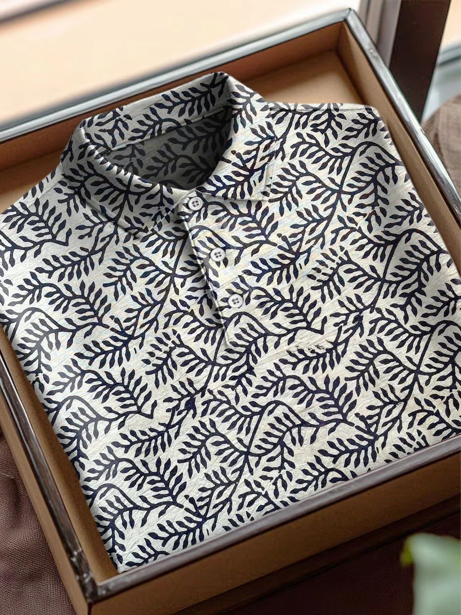 Vintage Plant Vine Art estampado casual de algodón de manga corta Polo