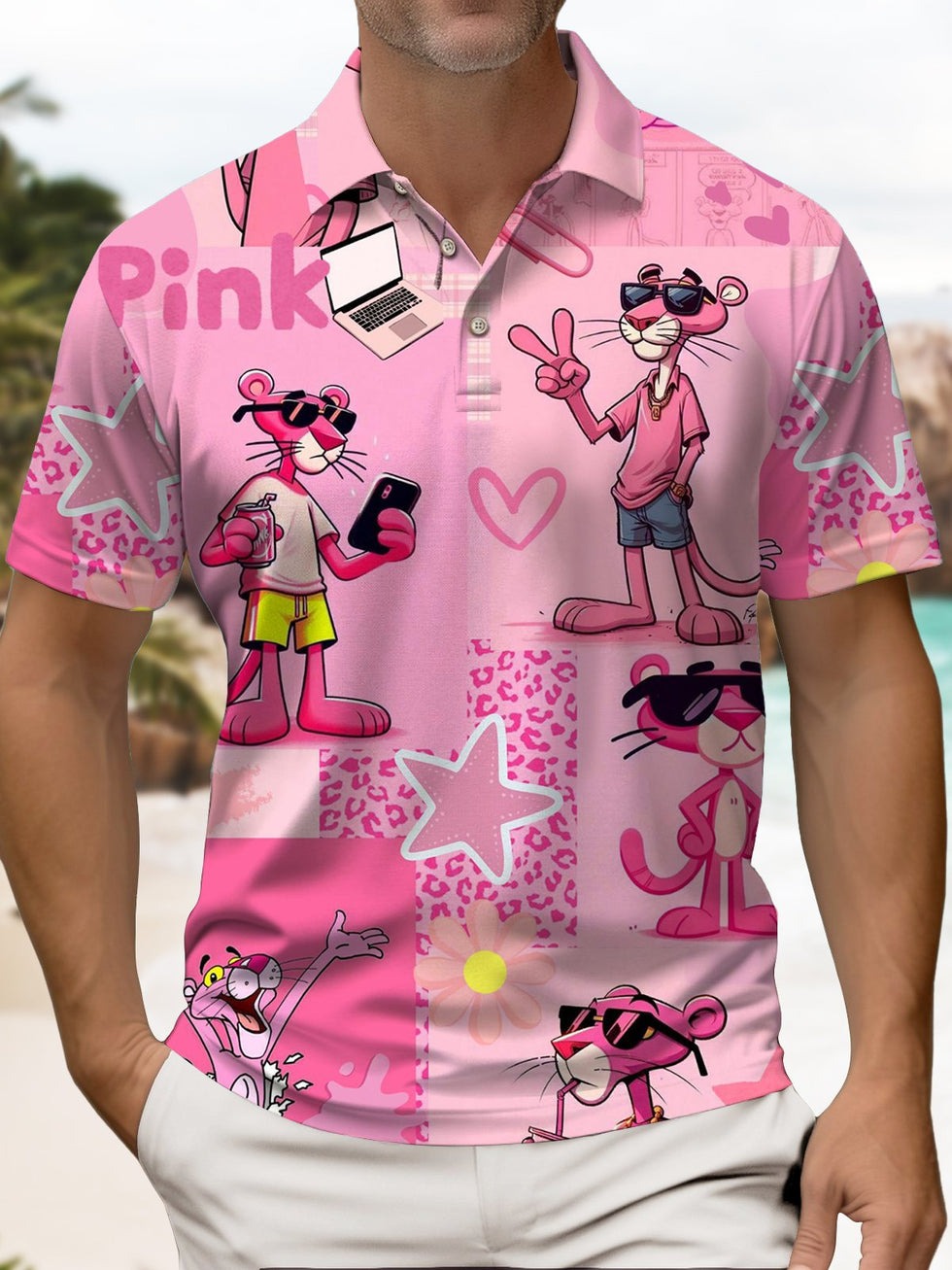 Camisa polo retro Cartoon Playful Leopard de manga corta