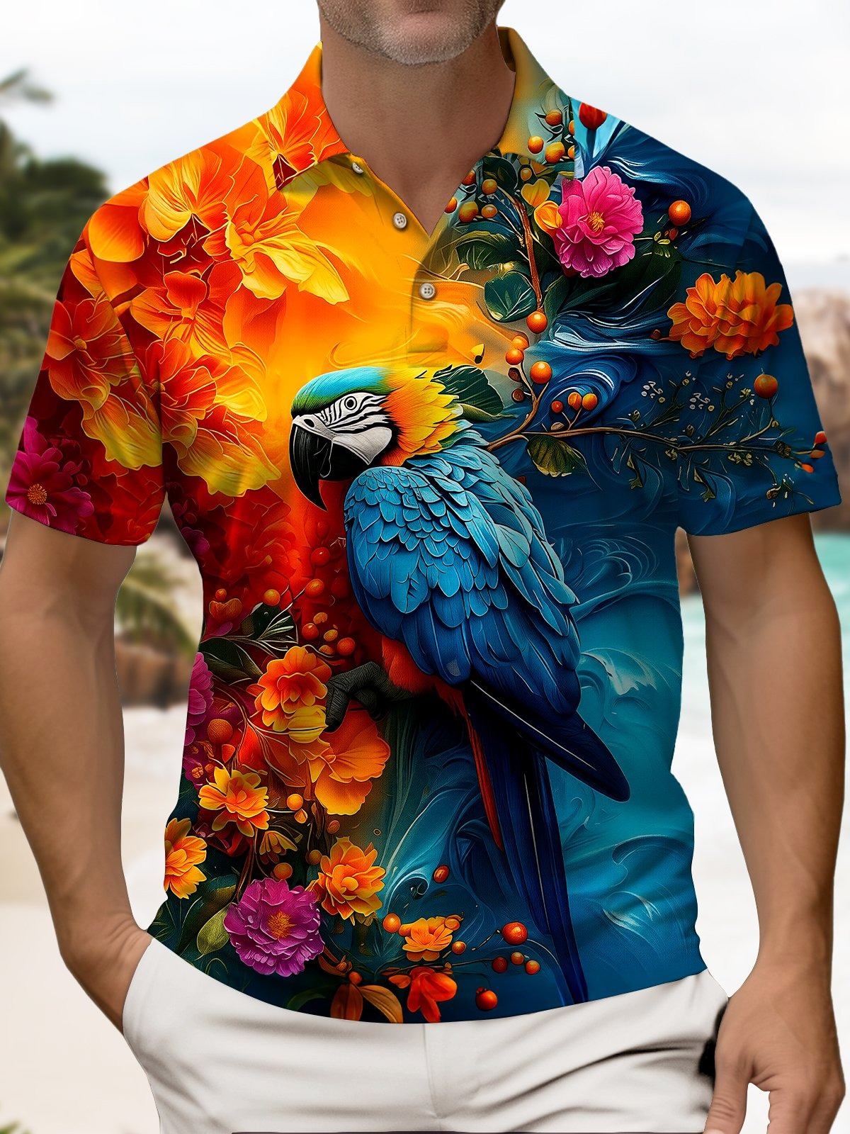 Camisa polo retro Abstract Oil Painting Parrot de manga corta
