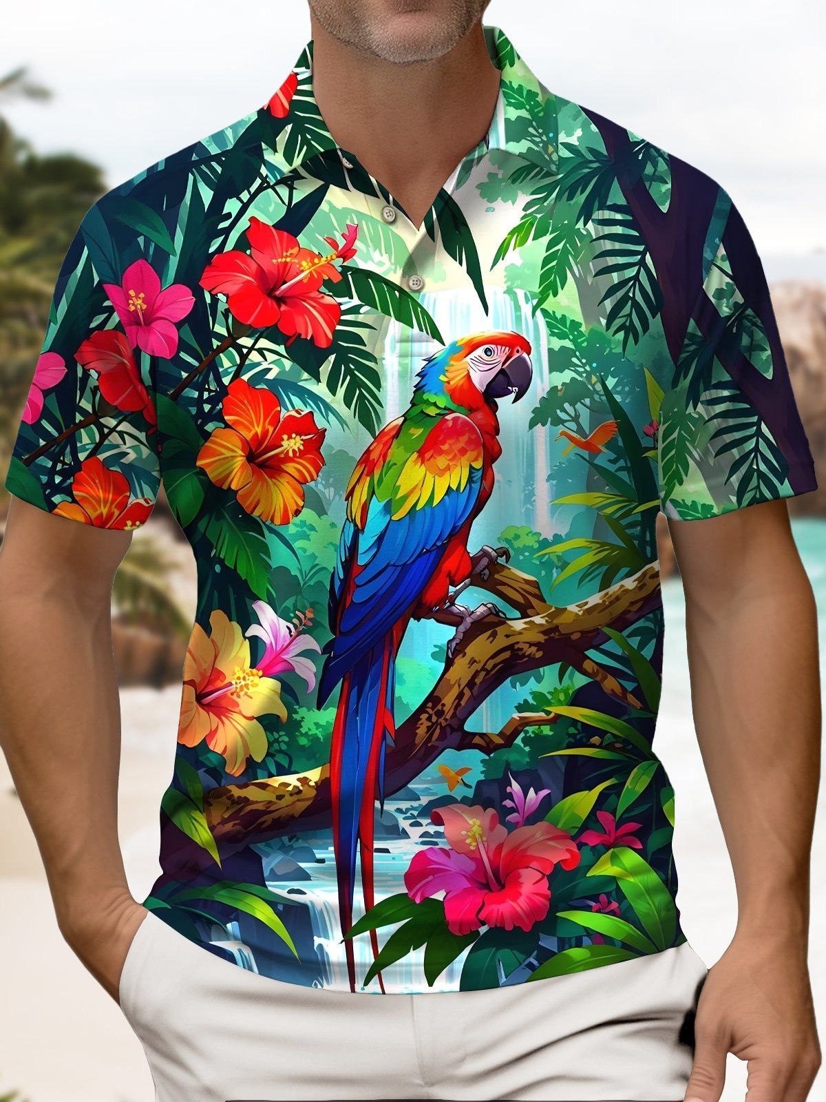 Camisa polo retro Parrot tropical de manga corta
