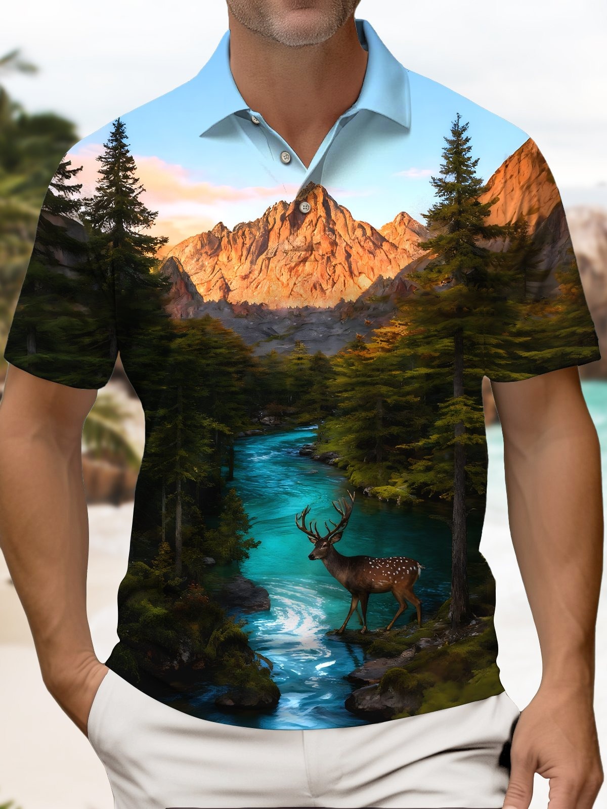 Camisa polo retro 3D Forest Reindeer geométrico de manga corta