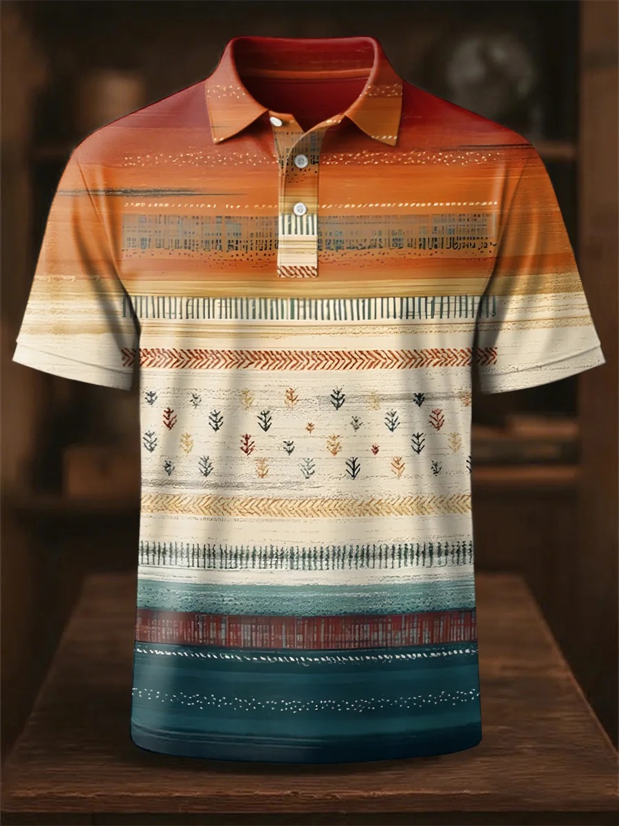 Vintage Ethnic diseño Art estampado casual de algodón de manga corta Polo