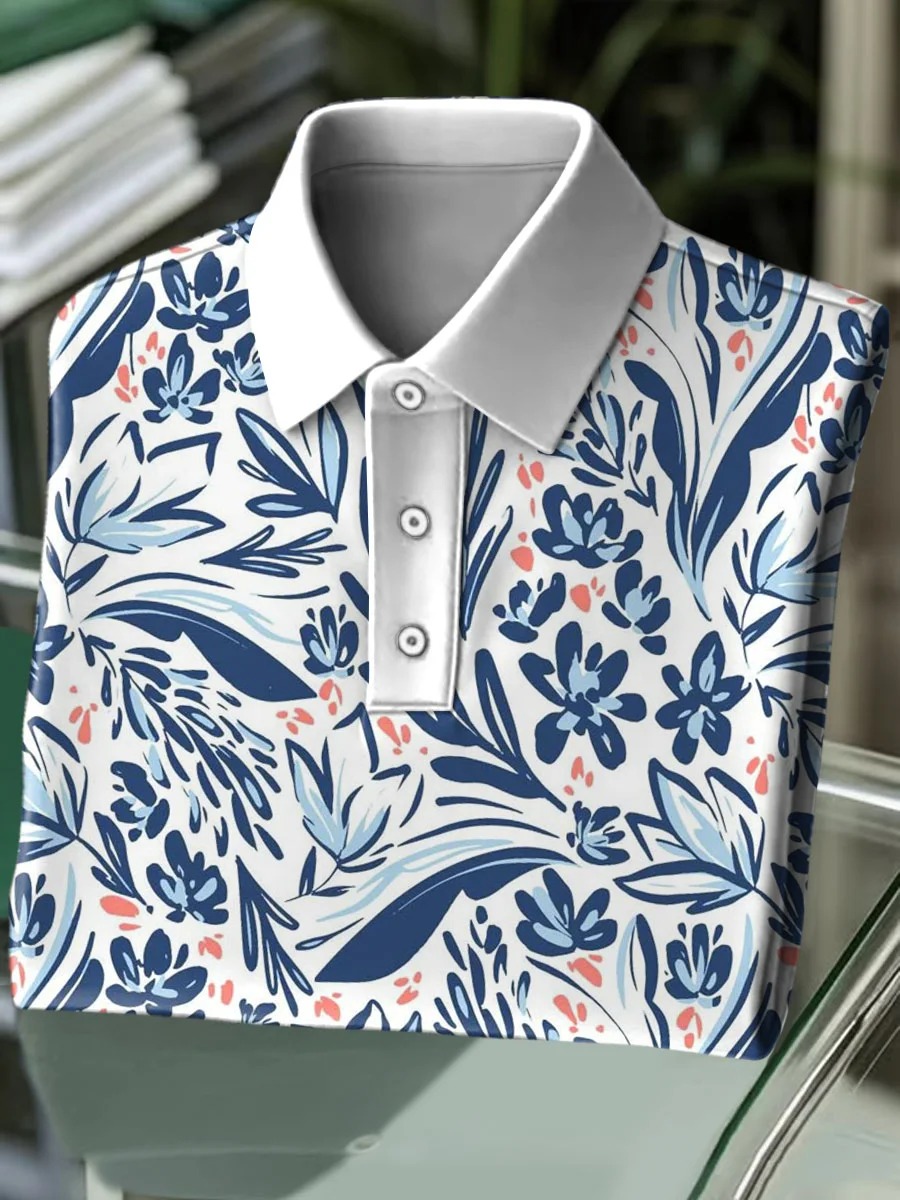 Ethnic Flowers retro Art estampado casual de algodón de manga corta Polo
