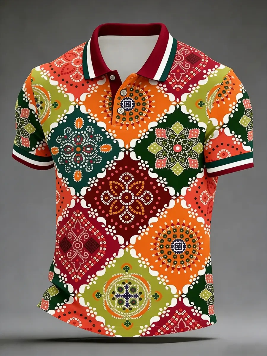 Camisa polo High Quality geométrico Art estampado de manga corta