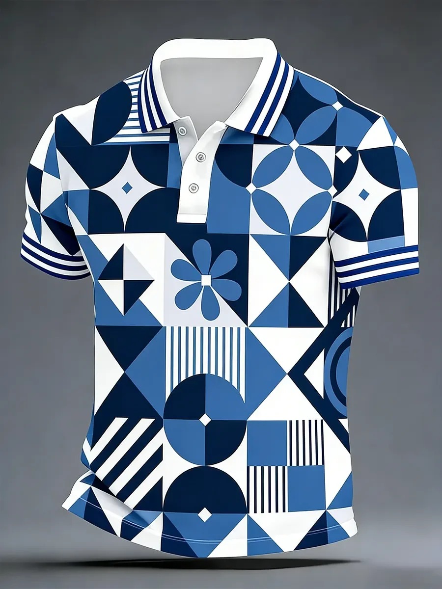 Camisa polo High Quality geométrico Art estampado de manga corta