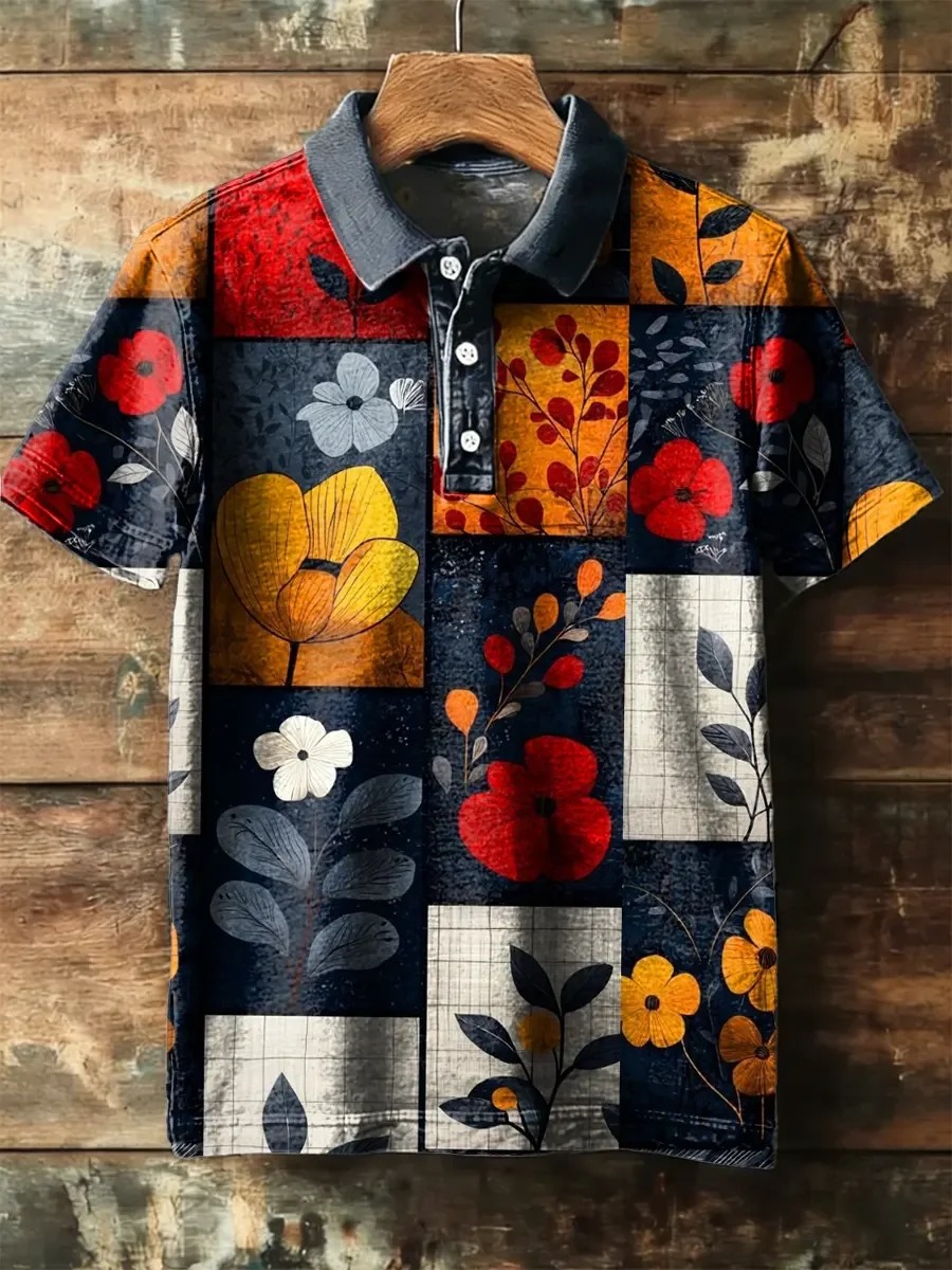 Camisa polo vintage Abstract Art estampado de manga corta