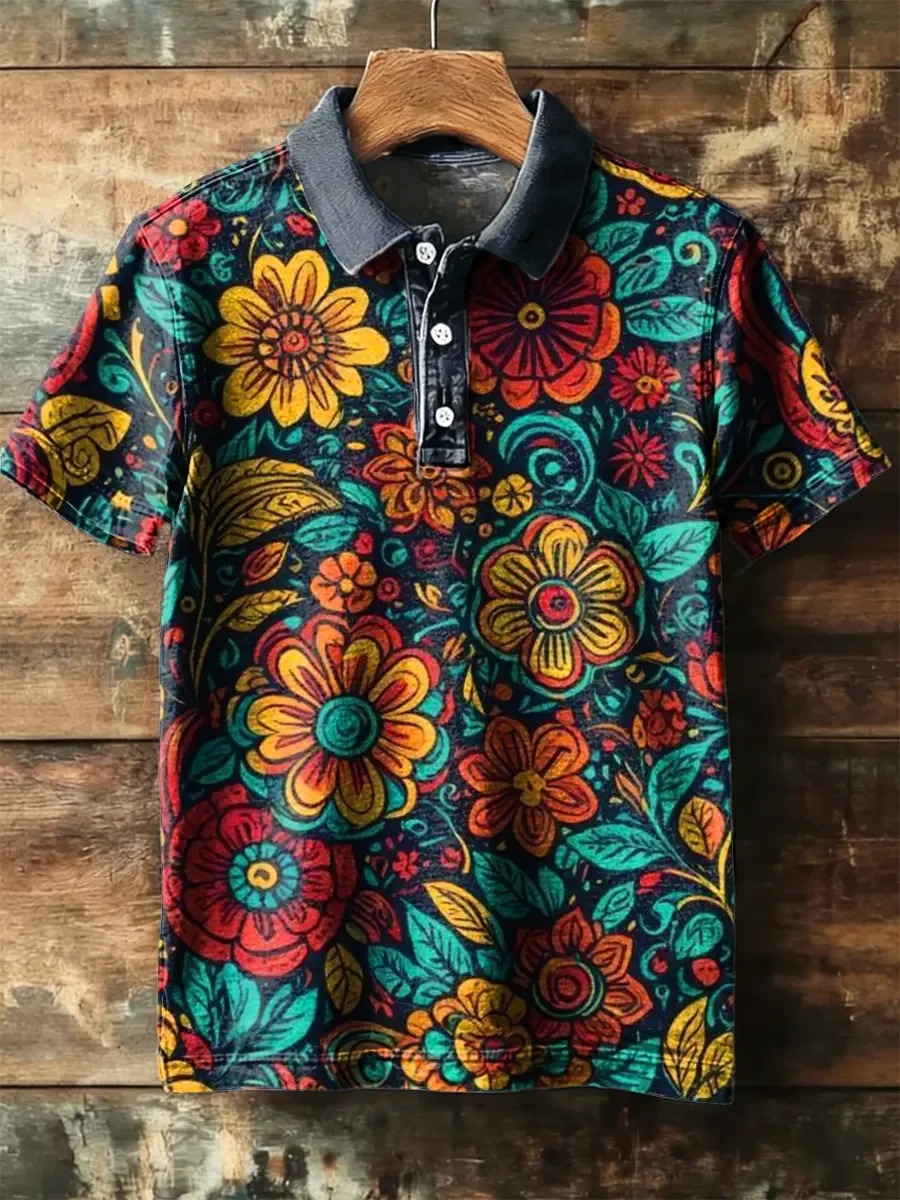 Camisa polo vintage Abstract Art estampado de manga corta