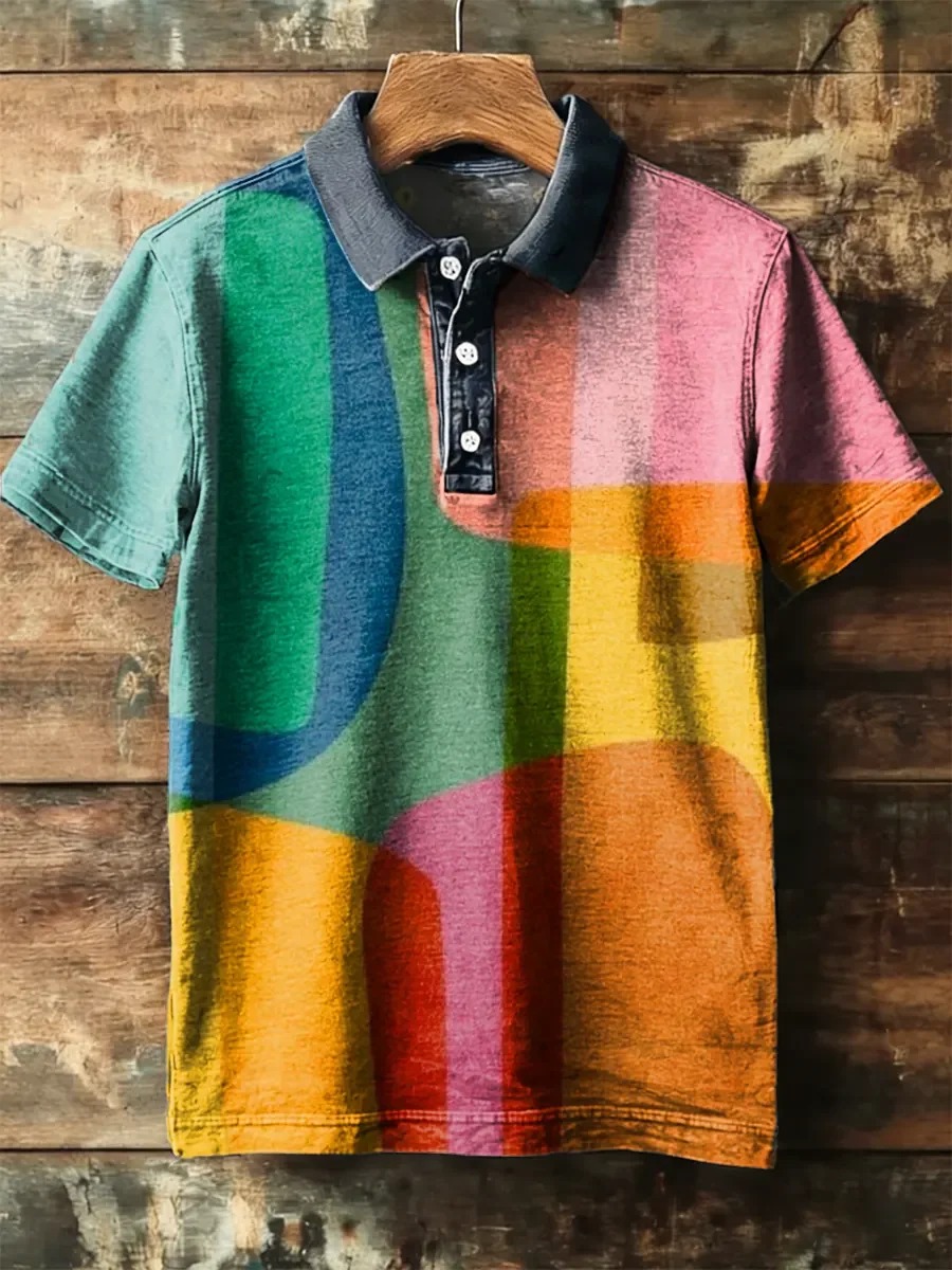 Camisa polo vintage Abstract Art estampado de manga corta