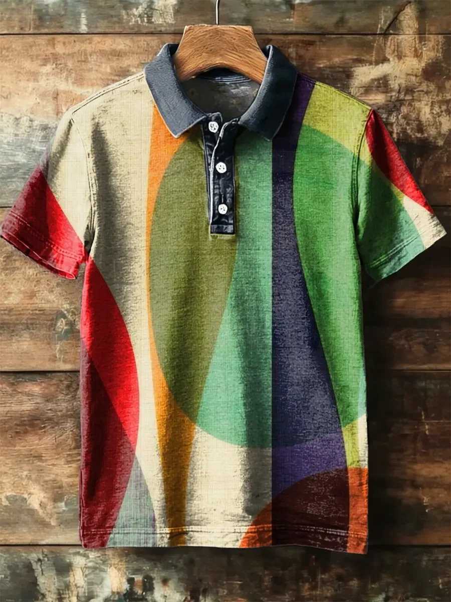 Camisa polo vintage Abstract Art estampado de manga corta