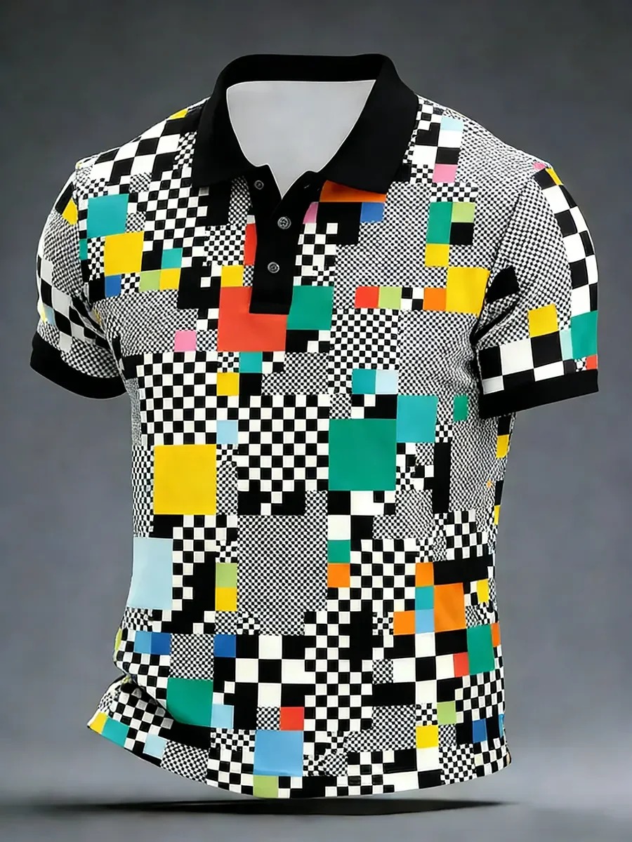 Camisa polo High Quality geométrico Art estampado de manga corta