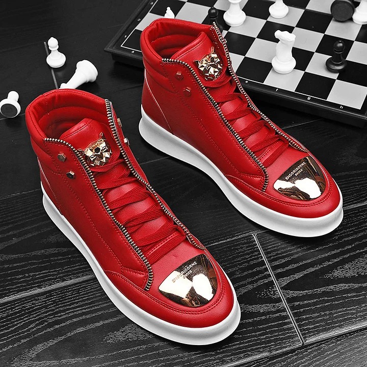 para hombre casual Solid Zipper Metal Decor Lace Up High Top PU Leather Martin Boots