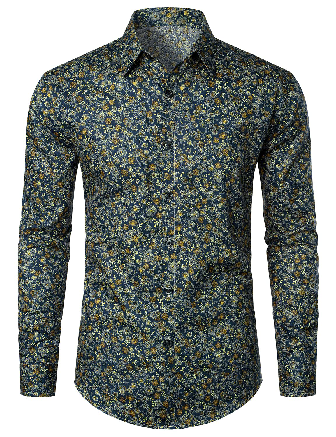 Camisa de vestir Navy Blue vintage floral estampado de algodón transpirable Flower Button de manga larga para hombre