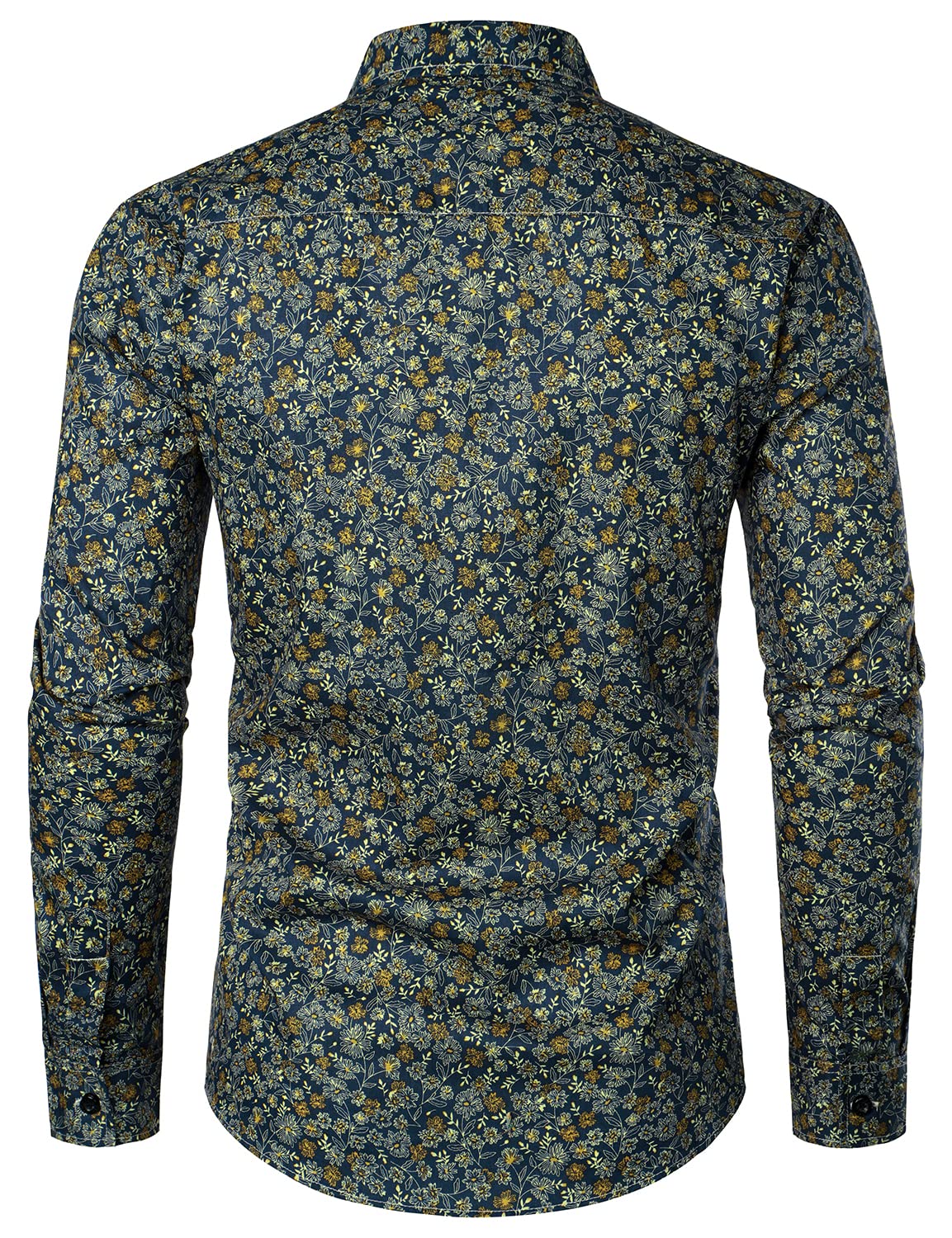 Camisa de vestir Navy Blue vintage floral estampado de algodón transpirable Flower Button de manga larga para hombre