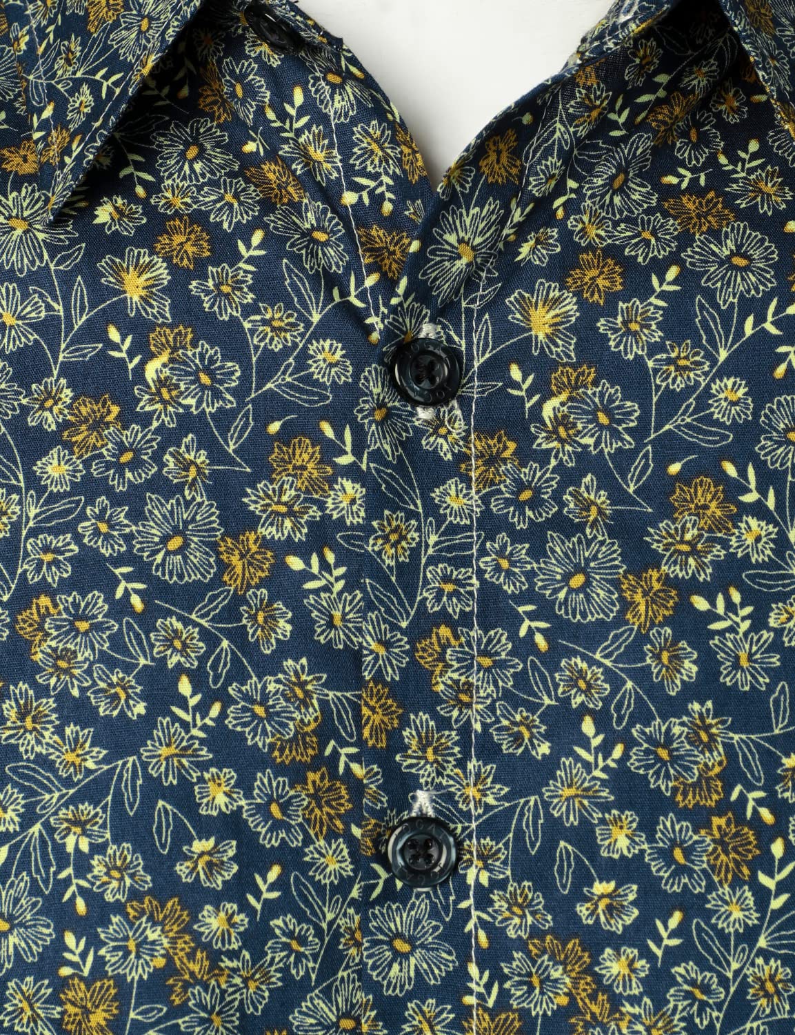 Camisa de vestir Navy Blue vintage floral estampado de algodón transpirable Flower Button de manga larga para hombre
