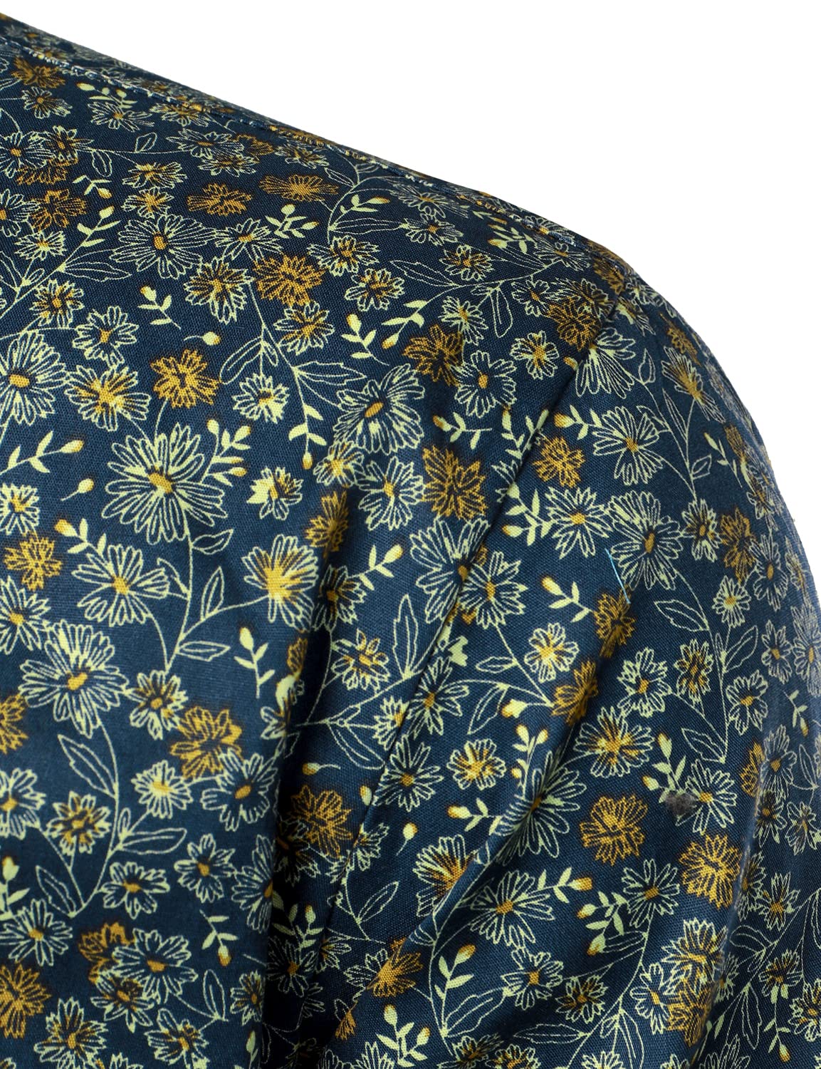Camisa de vestir Navy Blue vintage floral estampado de algodón transpirable Flower Button de manga larga para hombre