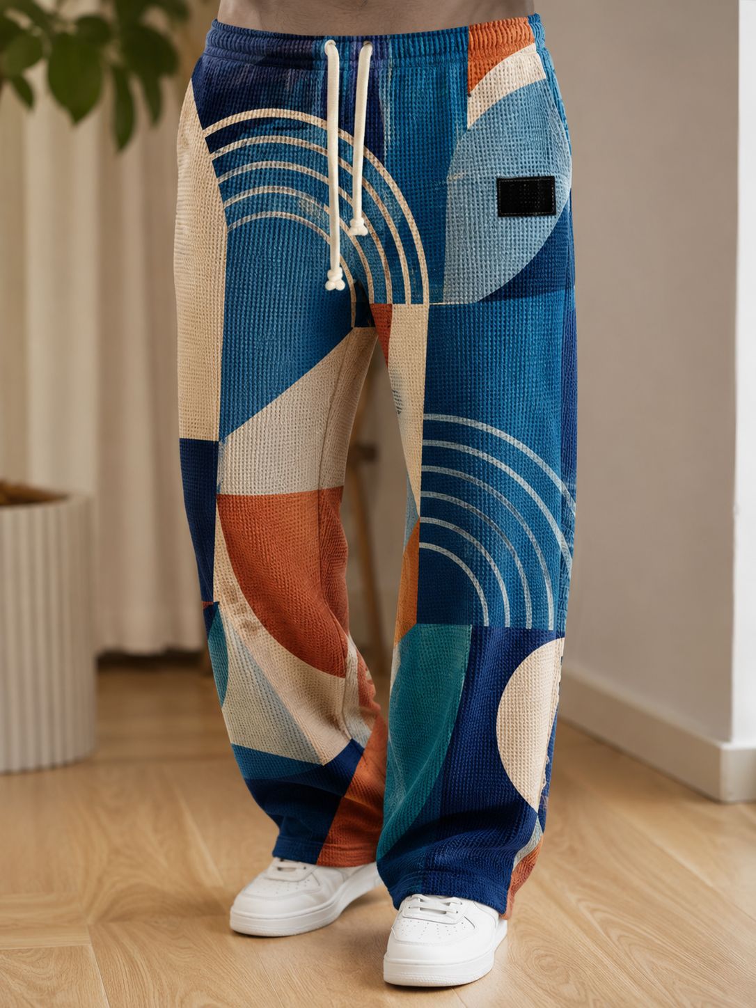 para hombre All-Over Print Waffle tejido pantalón | High-Waisted Drawstring Relaxed Fit Trousers