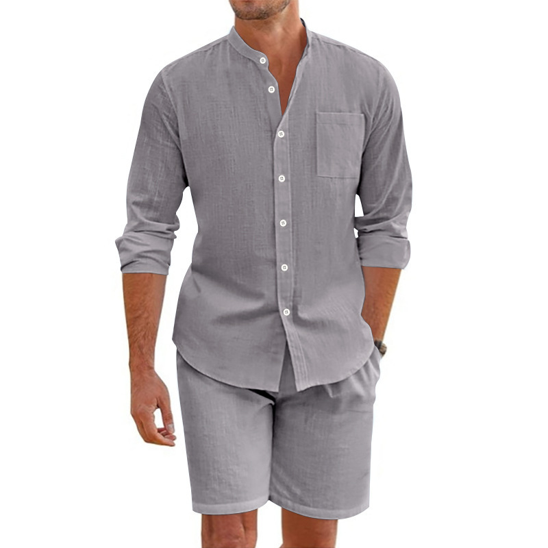 para hombre de lino de manga larga camisa & shorts Set