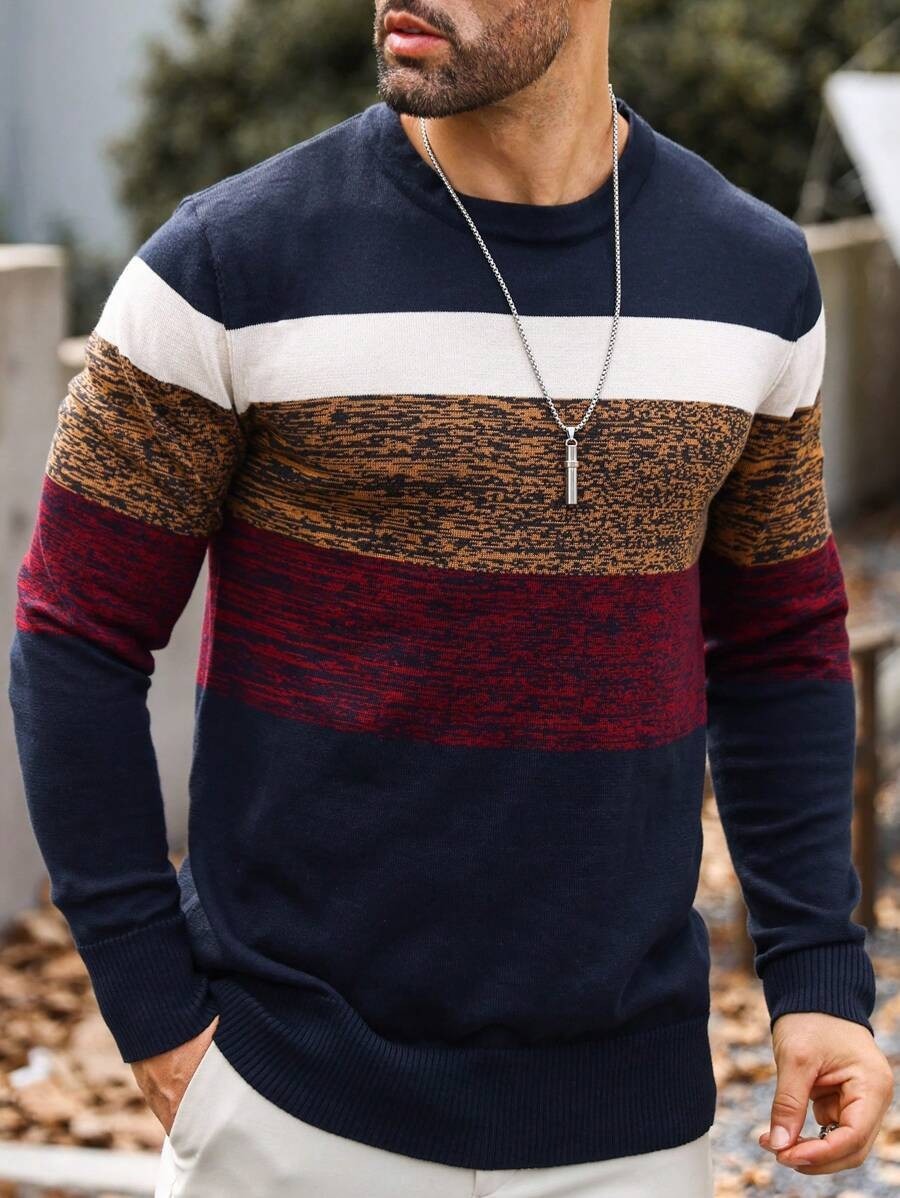 Casual rayas Round Neck tejido Sweater para hombre