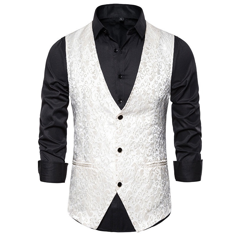 Chaleco Mens Hipster Metallic jacquard Single Breasted V-Neck Suit /Tuxedo Waistabrigo
