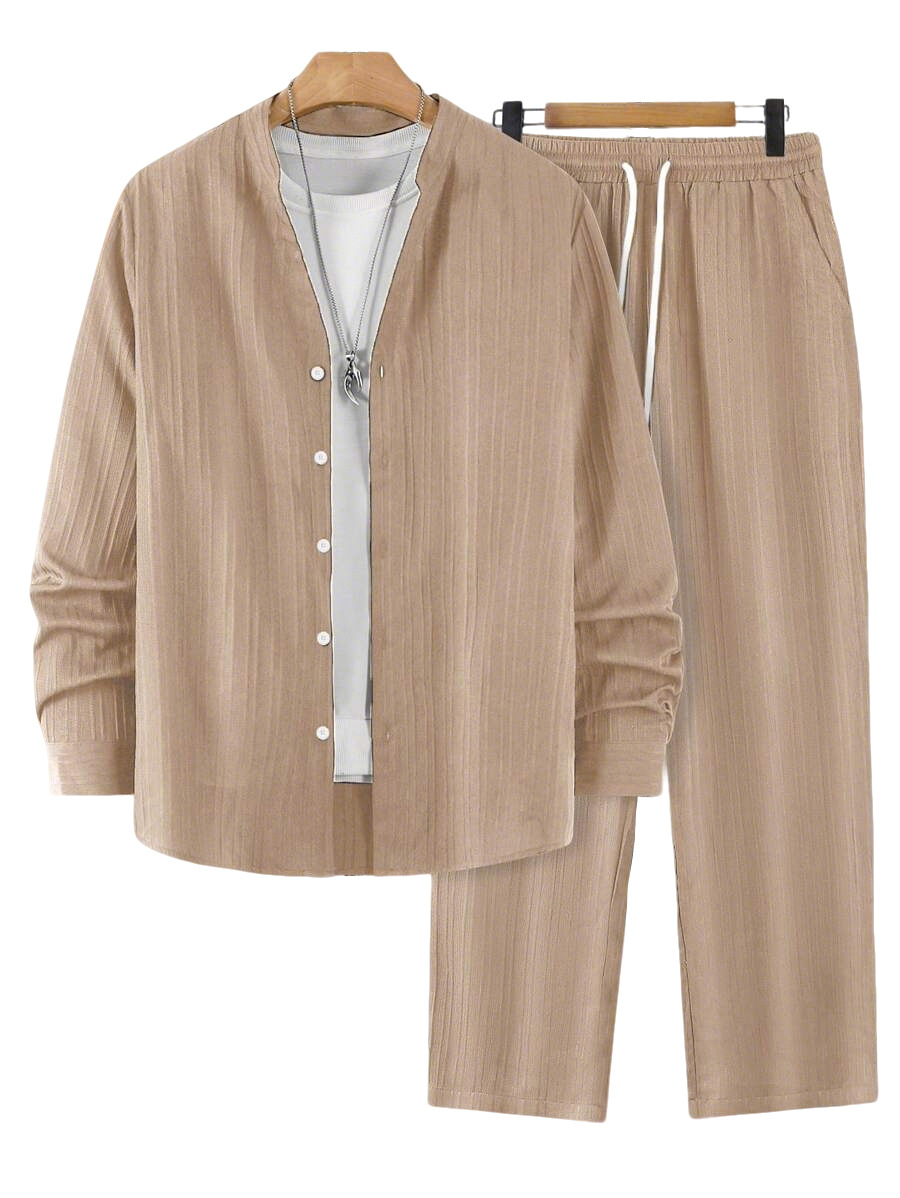 Solid-color, collarless, de manga largad camisa and trousers conjunto de dos piezas