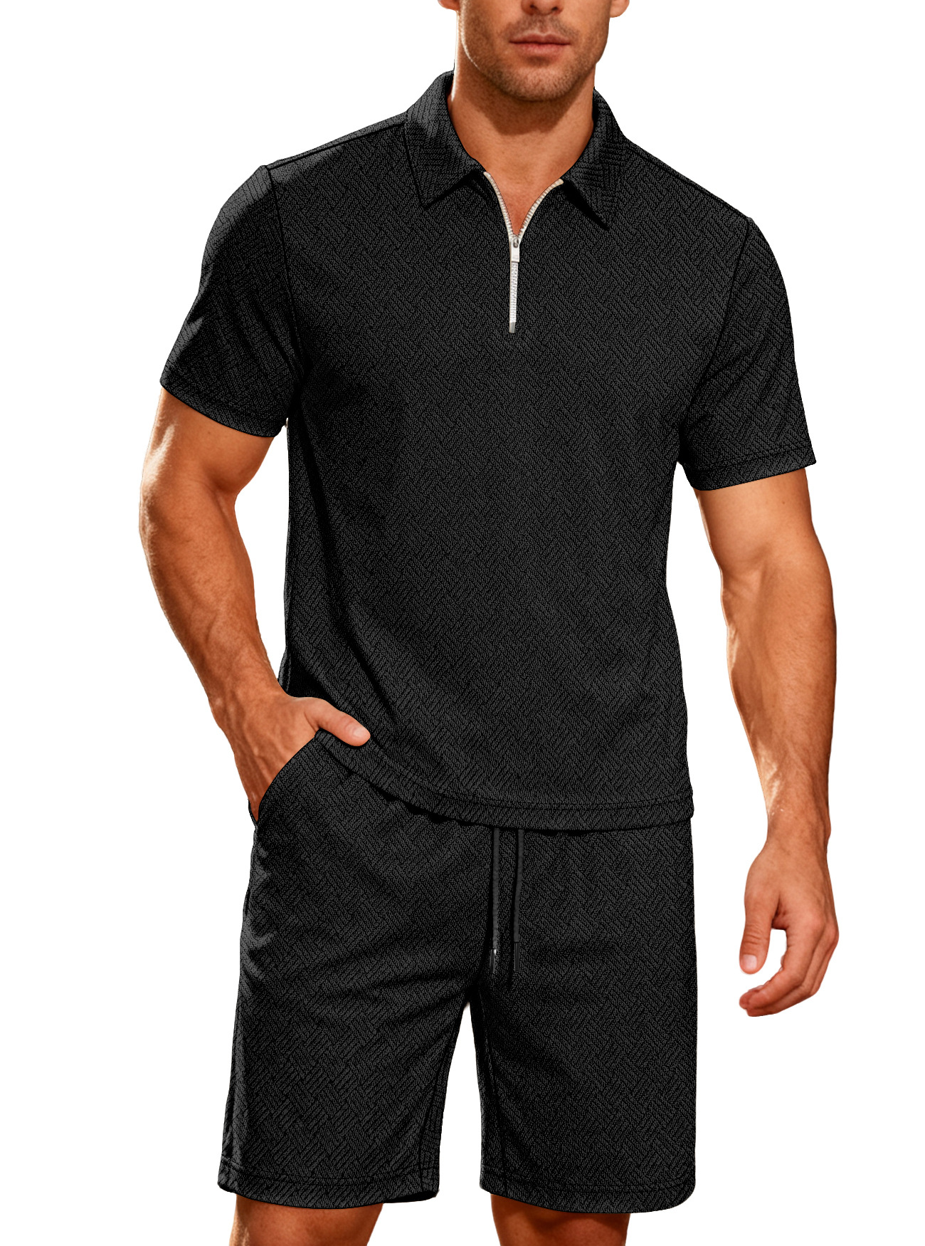 para hombre de manga corta Zip Polo shorts Set