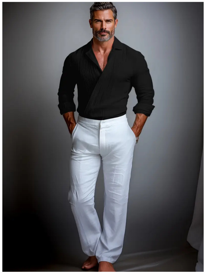Camisa Textured Crossover V-Neck de manga larga Pullover para hombre